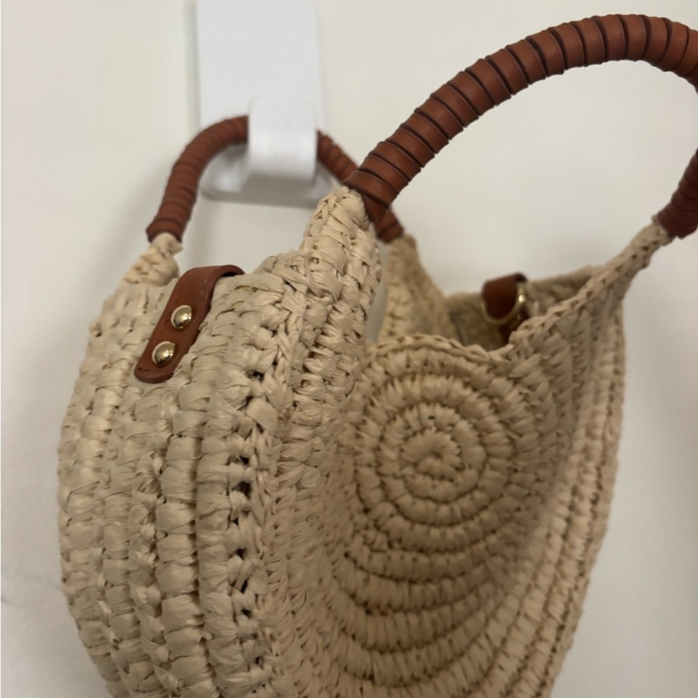 Woven Straw Round Tote Bag with Brown Wrapped Handles - Picture 3 of 5